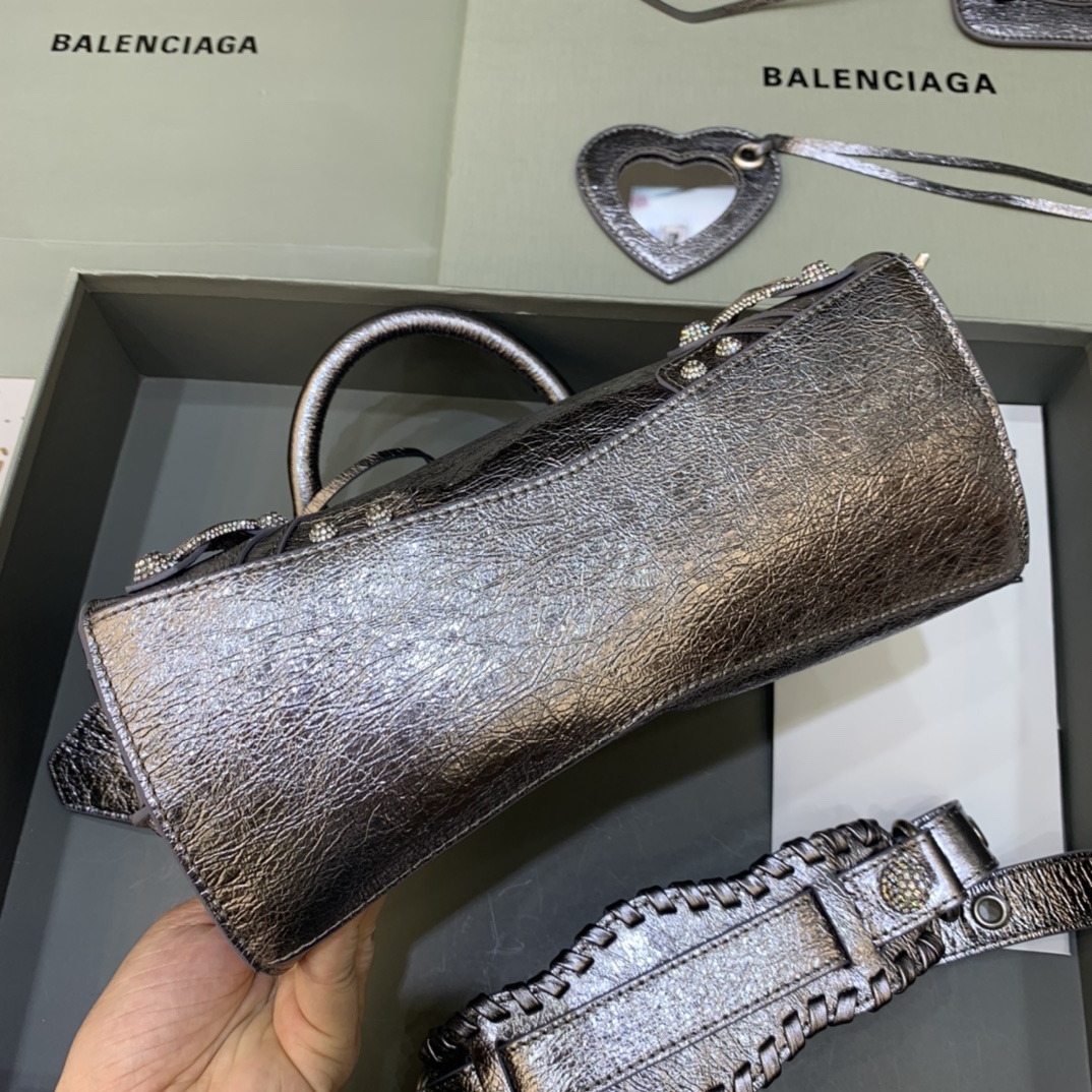 Balenciaga Neo Cagole XS Handbag With Rhinestones Shoulder Bag Silver Gray